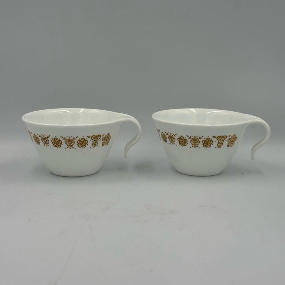 Pair of Vintage Corelle Livingware Butterfly Gold Flat Cups with Hook Handles